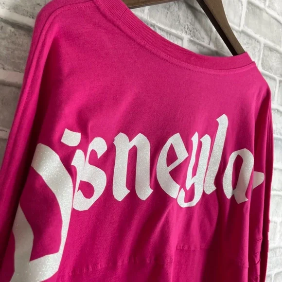 Boxercraft x Disney Hot Pink Glitter Spell Out Crew Neck T-Shirt Womens Medium - Picture 2 of 9